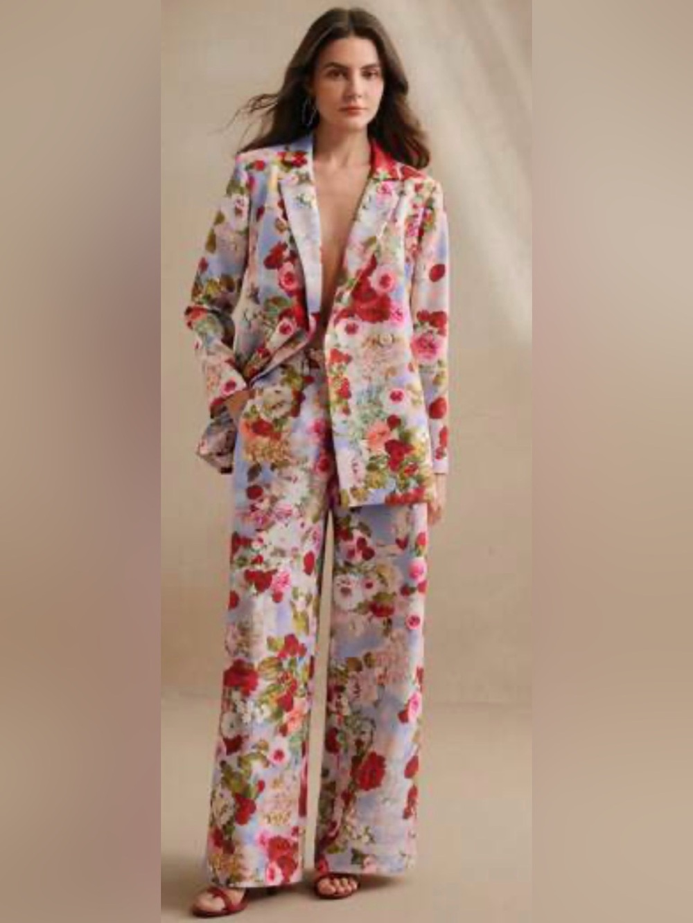 Floral Pastel Two-Piece Suit - Blazer & Wide-Leg Pants